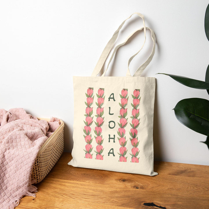 "ALOHA" Flower Lei 15"x16" Canvas Tote Bag - Heavy-Duty Eco Market Bag