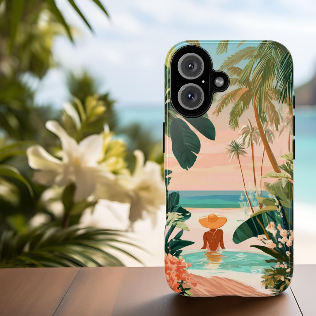 a colorful phone case with a tropical beach scene, including palm trees, flowers, and a lady sitting in the water.