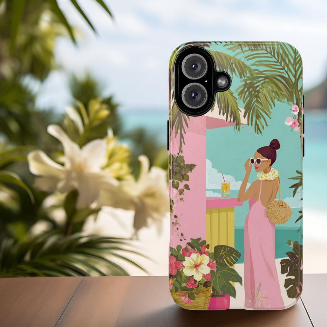 a phone case with a tropical beach scene, including a woman in a pink dress, flowers, and palm trees.