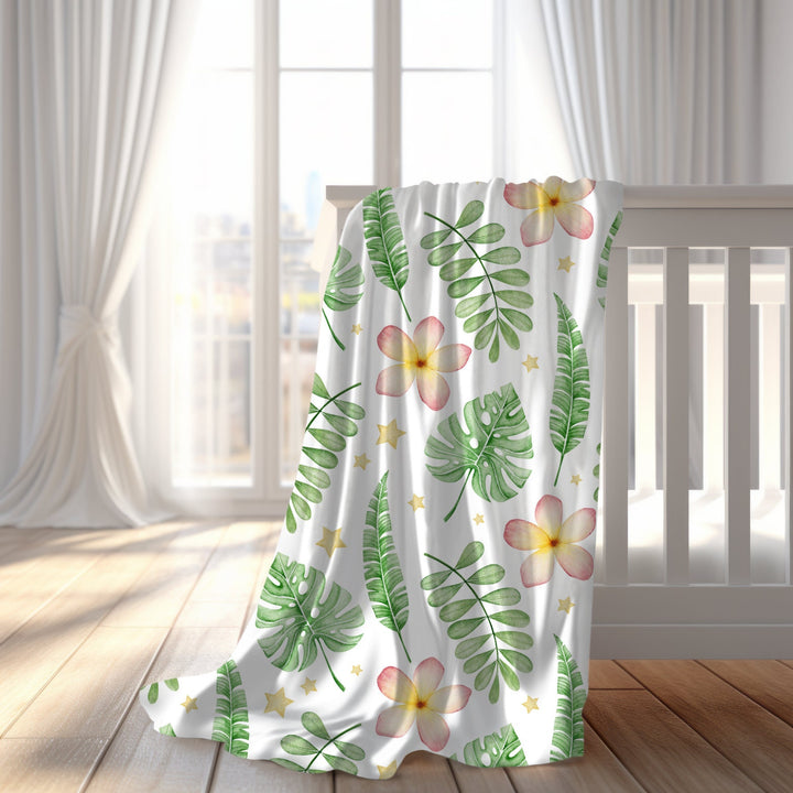 Baby Swaddle Blanket - Tropical Plumeria & Monstera Leaf Wrap, Soft Breathable Fabric