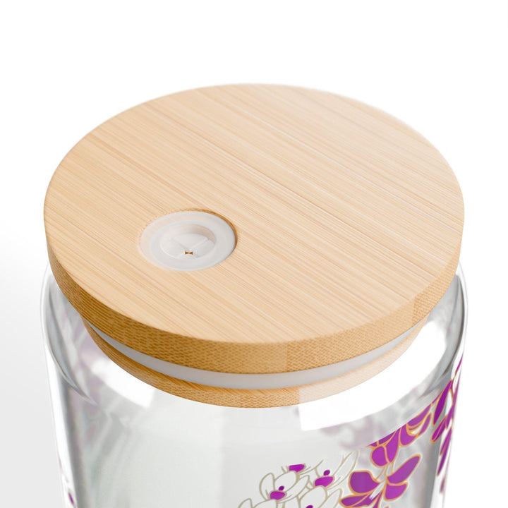 Tropical Glass Tumbler, Hawaiian Lei Design (16oz, Bamboo Lid)
