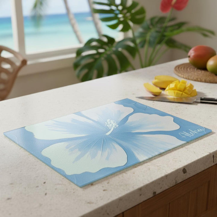 Blue Hibiscus Tempered Glass Cutting Board | Coastal Kitchen Serving Platter & Trivet