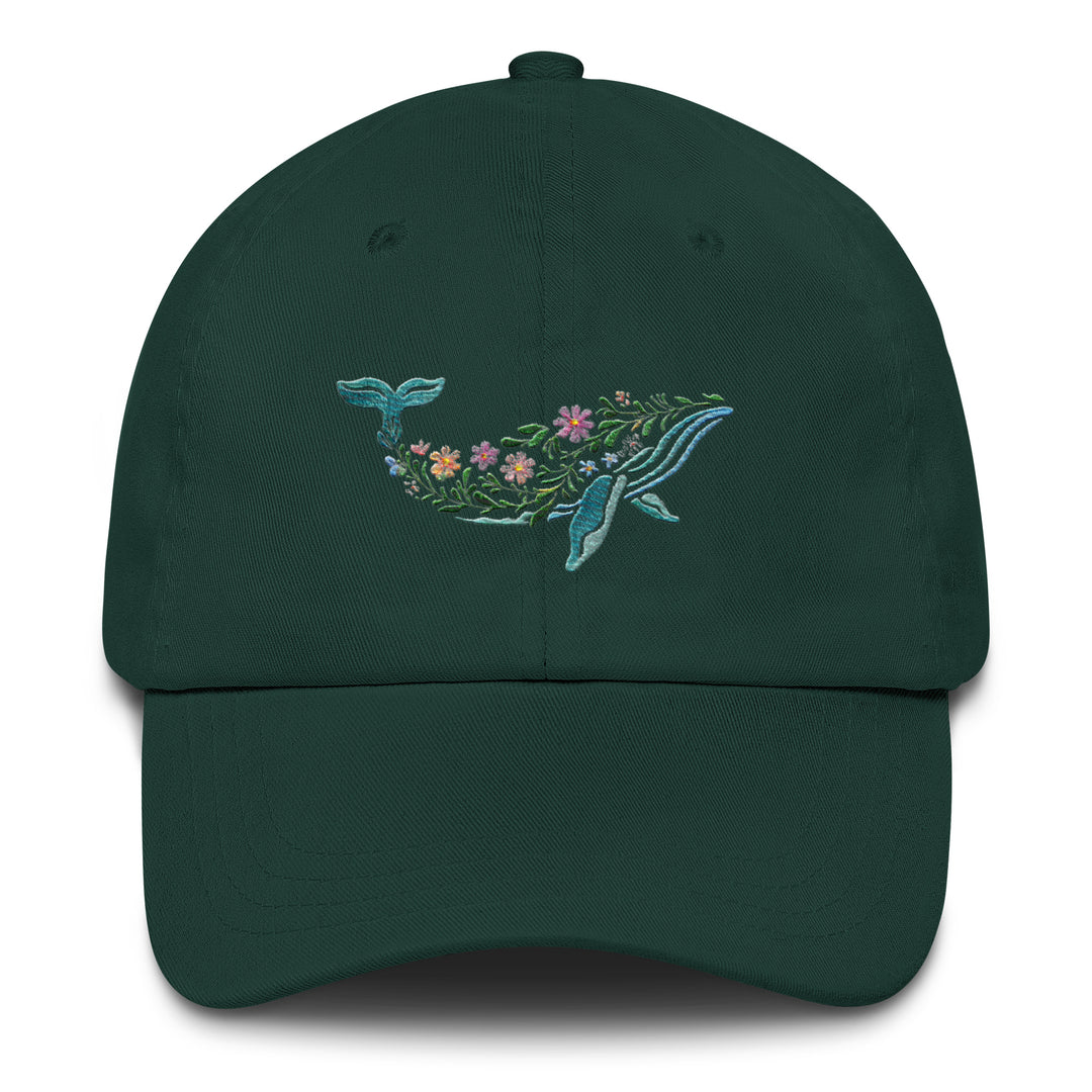 Floral Humpback Whale Embroidered Dad Hat | Chino Cotton Twill Surf Cap