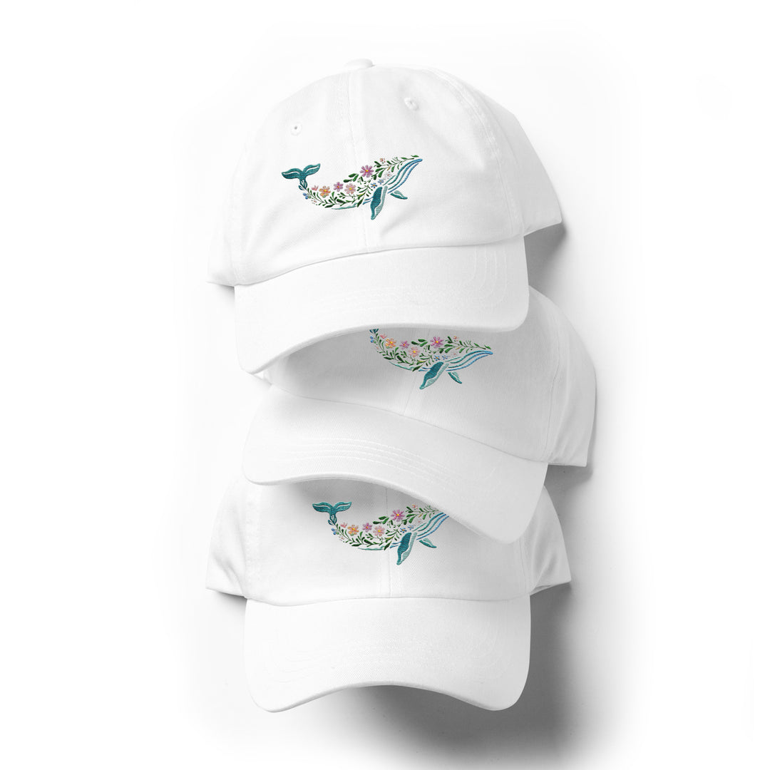 Floral Humpback Whale Embroidered Dad Hat | Chino Cotton Twill Surf Cap