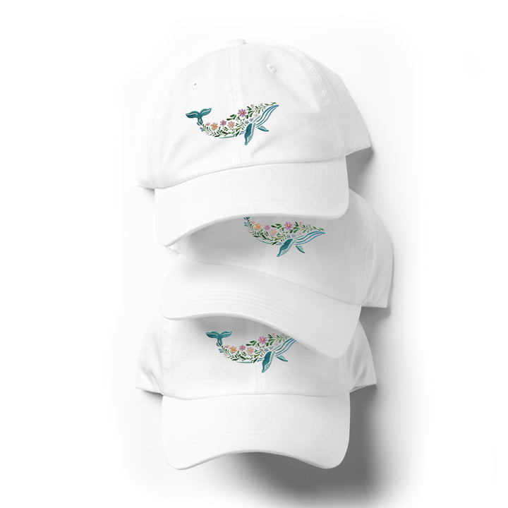 Floral Humpback Whale Embroidered Dad Hat | Chino Cotton Twill Surf Cap