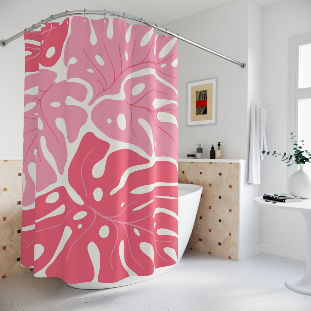 Pink Monstera Shower Curtain 71"x74" | Tropical Botanical & Matisse Inspired Decor