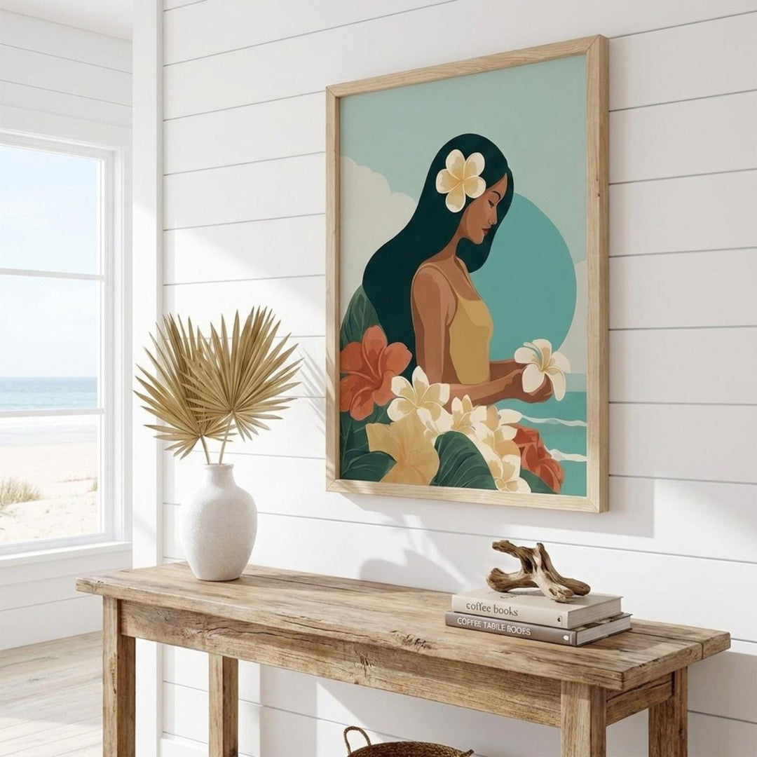 Vintage Hawaiian Coastal Art Print | Tropical Floral Watercolor Poster