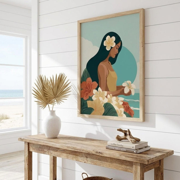 Vintage Hawaiian Coastal Art Print | Tropical Floral Watercolor Poster