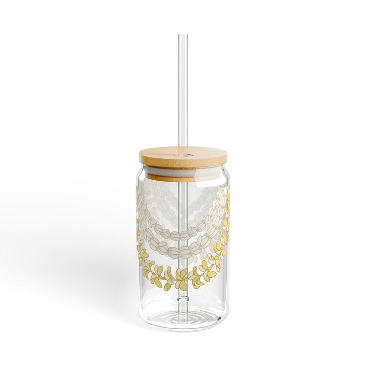 Tempered Glass Tumbler 16oz - Hawaiian Flower Lei Iced Coffee Cup with Bamboo Lid