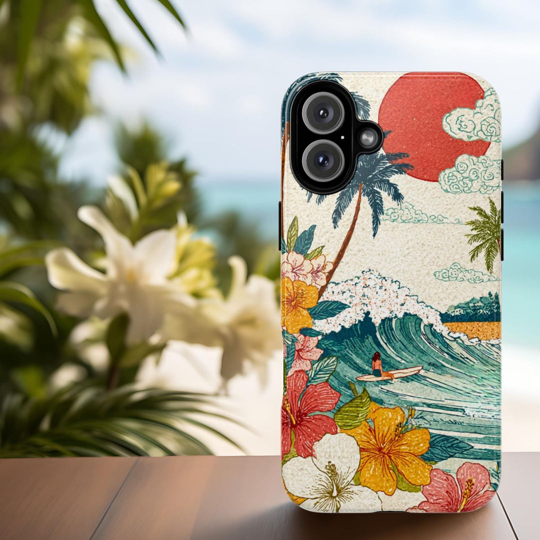 a colorful phone case with a tropical beach scene, including a surfer riding a wave, palm trees, and flowers.