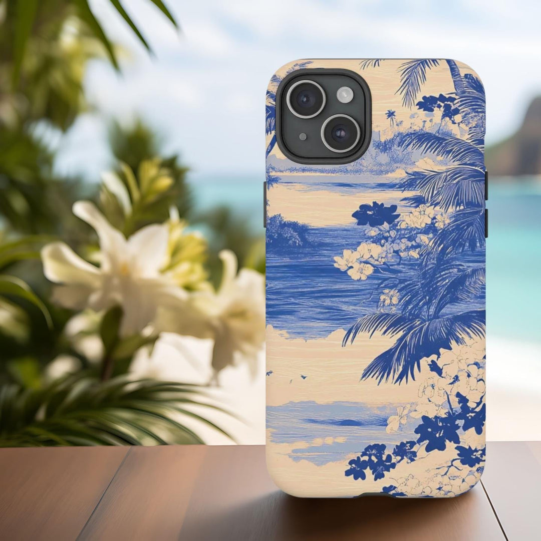 a phone case with a retro tropical beach scene design, including palm trees, flowers in blue and white