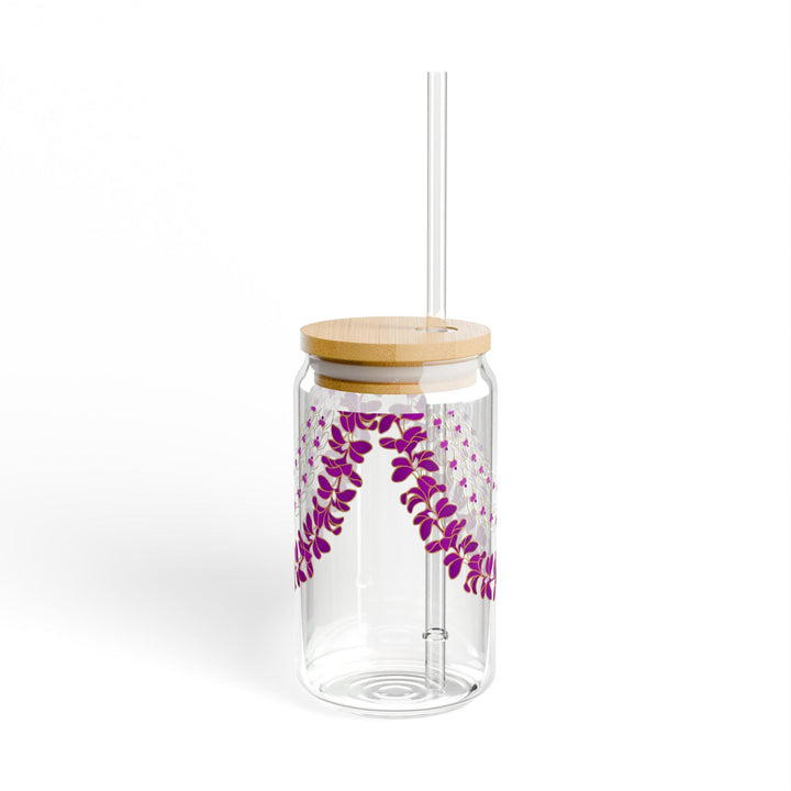 Tropical Glass Tumbler, Hawaiian Lei Design (16oz, Bamboo Lid)