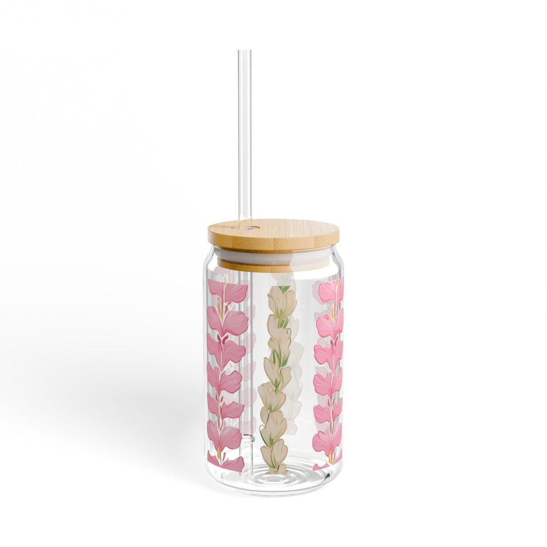 Hawaiian Flower Lei Tumbler - 16oz Glass Sipper Cup With Bamboo Lid & Straw
