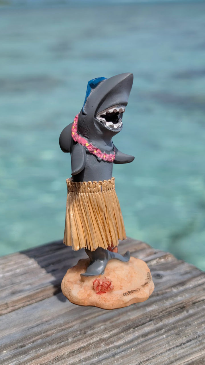 Surfing Shark Hula Dashboard Doll (4.3") | Hand Painted Natural Skirt Tropical Car Decor