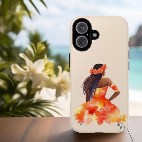 a phone case with a colorful floral design and a Polynesian woman wearing a hula skirt.