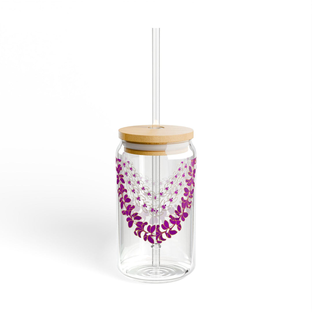 Tropical Glass Tumbler, Hawaiian Lei Design (16oz, Bamboo Lid)