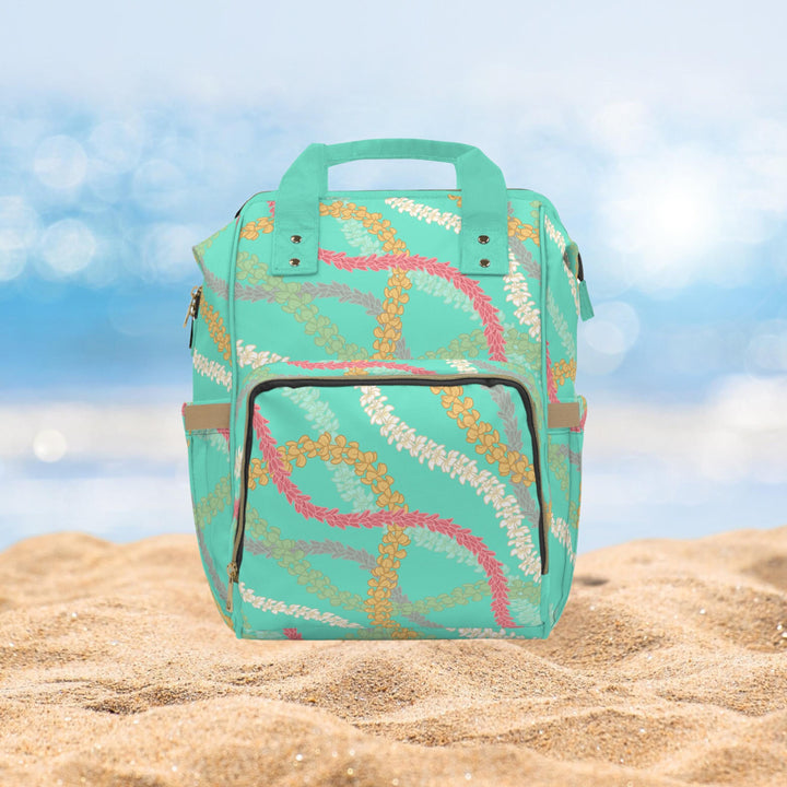 Multifunctional Diaper Bag Backpack, Turquoise Plumeria Print