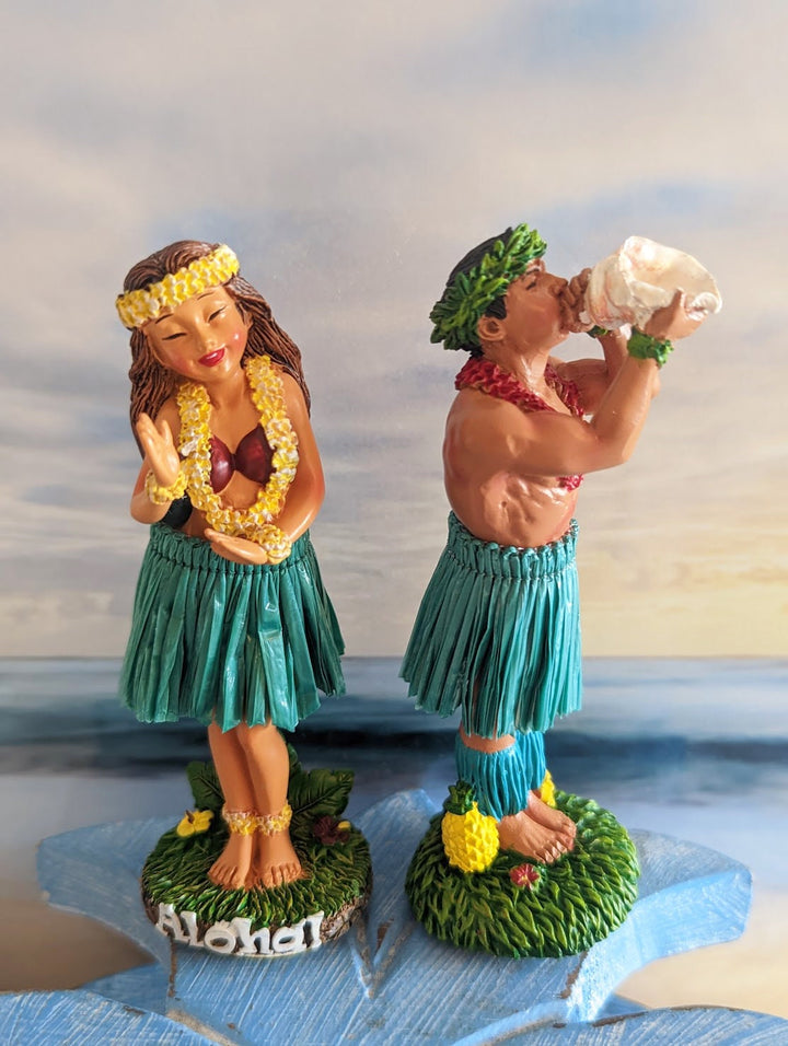 Hawaiian Dashboard Doll - Hand Painted Hula Girl Set With Natural Skirt