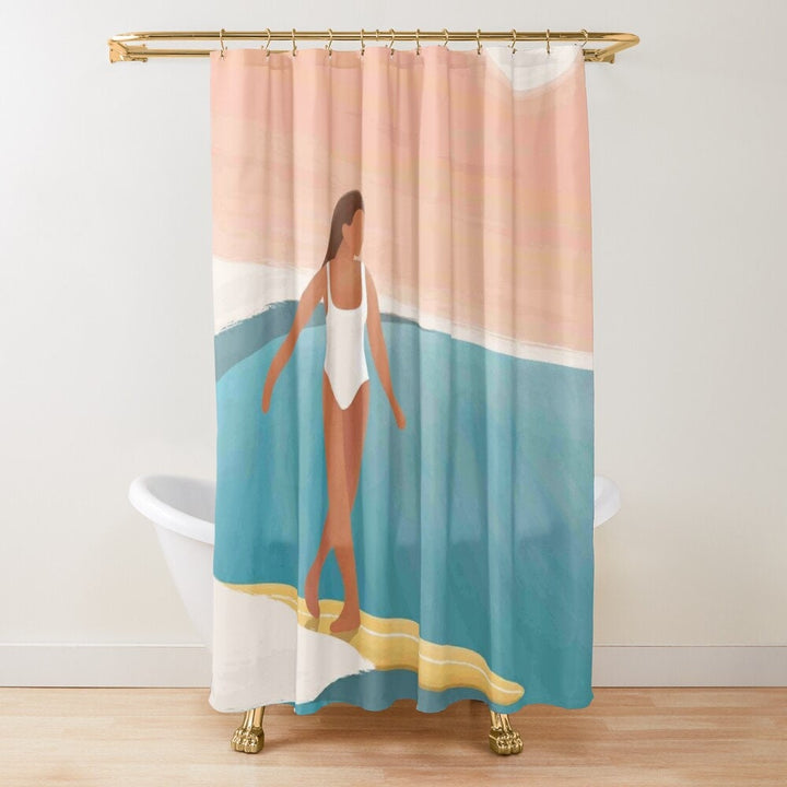 Laguna Beach Surfing Girl Shower Curtain | Boho Coastal & Vintage Tropical Decor