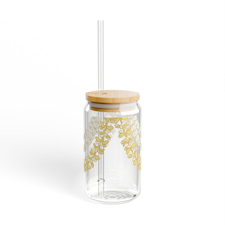 Tempered Glass Tumbler 16oz - Hawaiian Flower Lei Iced Coffee Cup with Bamboo Lid