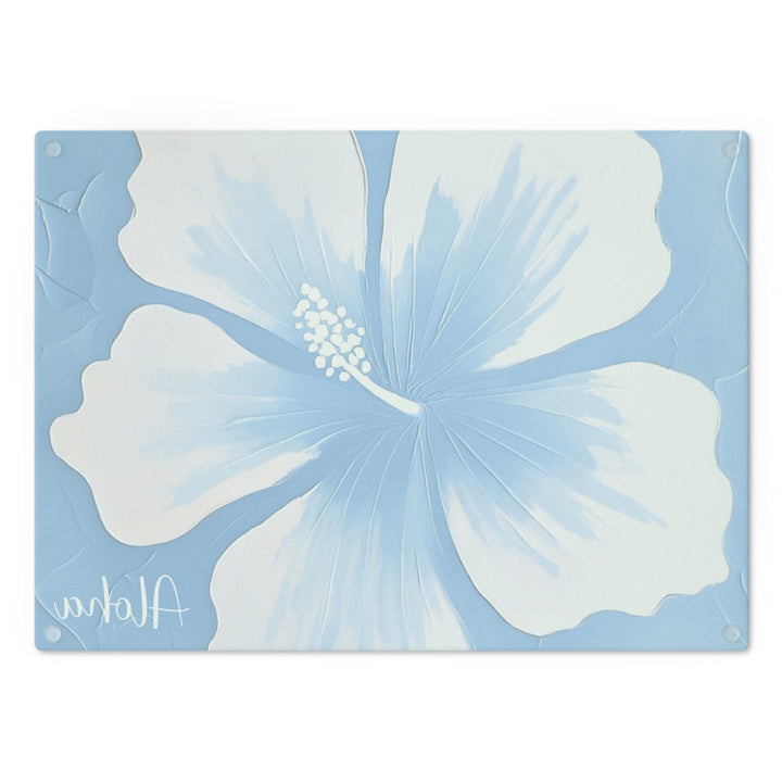 Blue Hibiscus Tempered Glass Cutting Board | Coastal Kitchen Serving Platter & Trivet