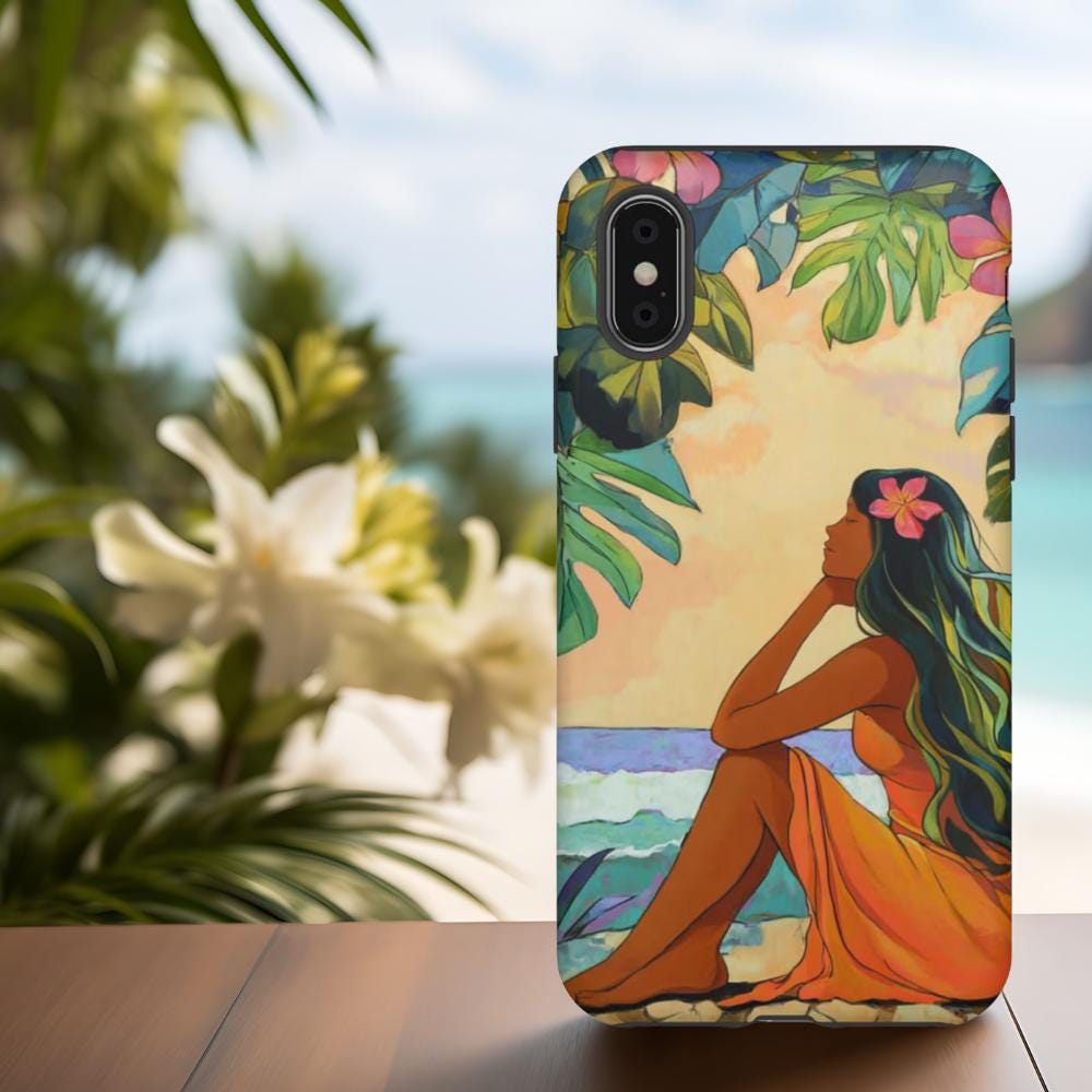 a colorful phone case with a tropical woman peacefully sitting on a beach with a pink plumeria flower in her hair, surrounded by palm trees and flowers.