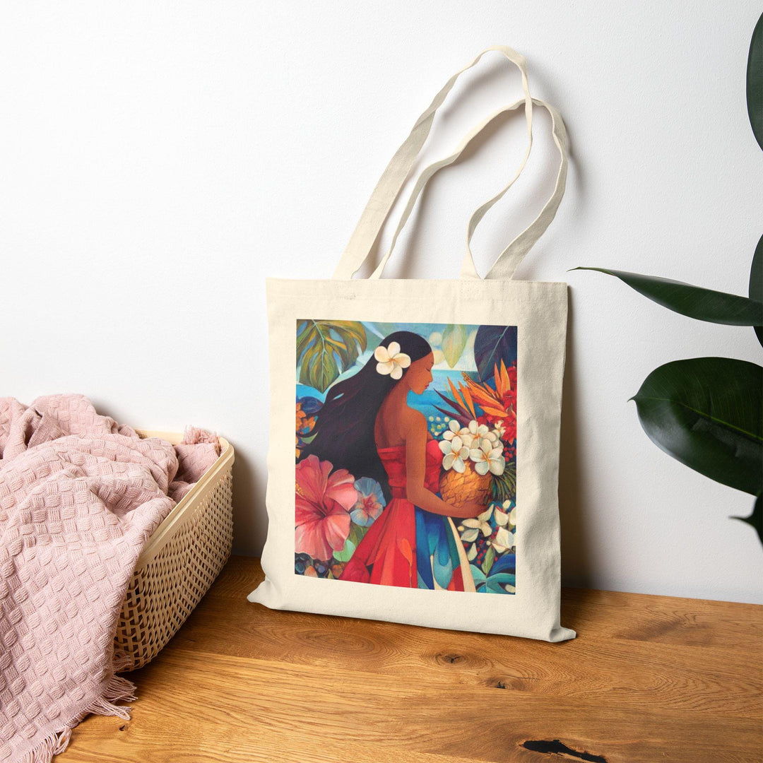 "Island Goddess" 15"x16" Canvas Tote Bag - Heavy-Duty Artistic Print Beach Bag