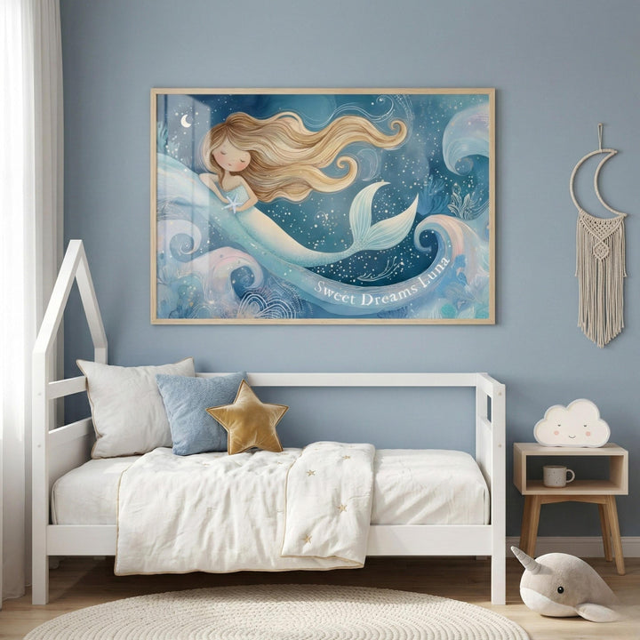 Personalized Watercolor Mermaid Nursery Art, Custom Name Ocean Print, Coastal Baby Shower Gift