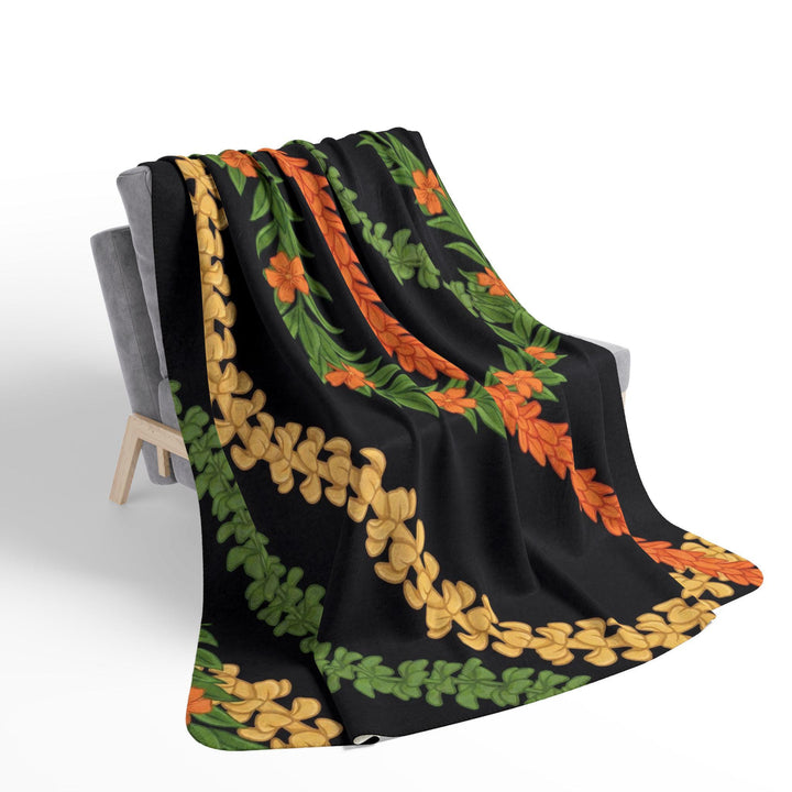 Hawaiian Flower Lei Blanket: Cozy Sherpa Throw in Black & Gold