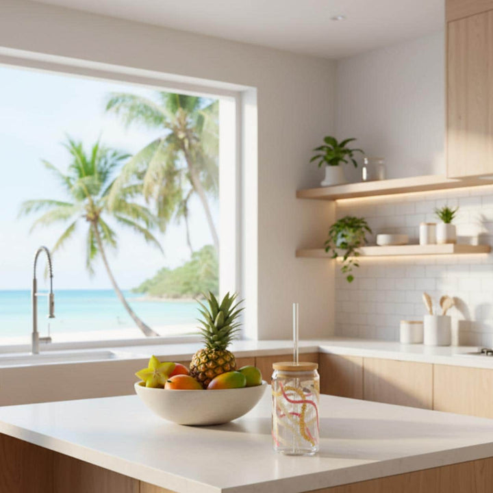 Tempered Glass Tumbler 16oz - Hawaiian Flower Lei Iced Coffee Cup with Bamboo Lid