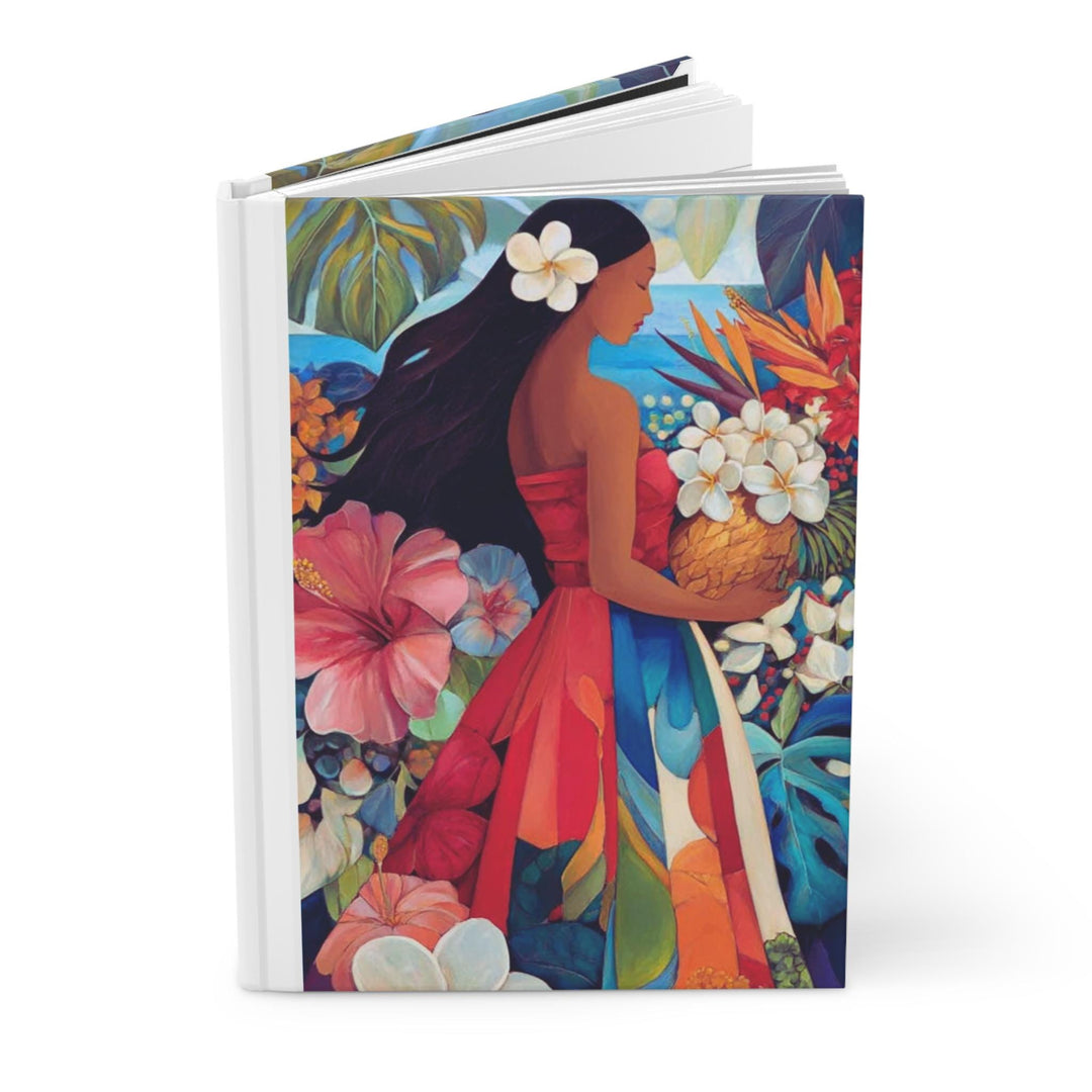 The image is a vibrant and colorful painting depicting a woman surrounded by a variety of tropical flowers and foliage.