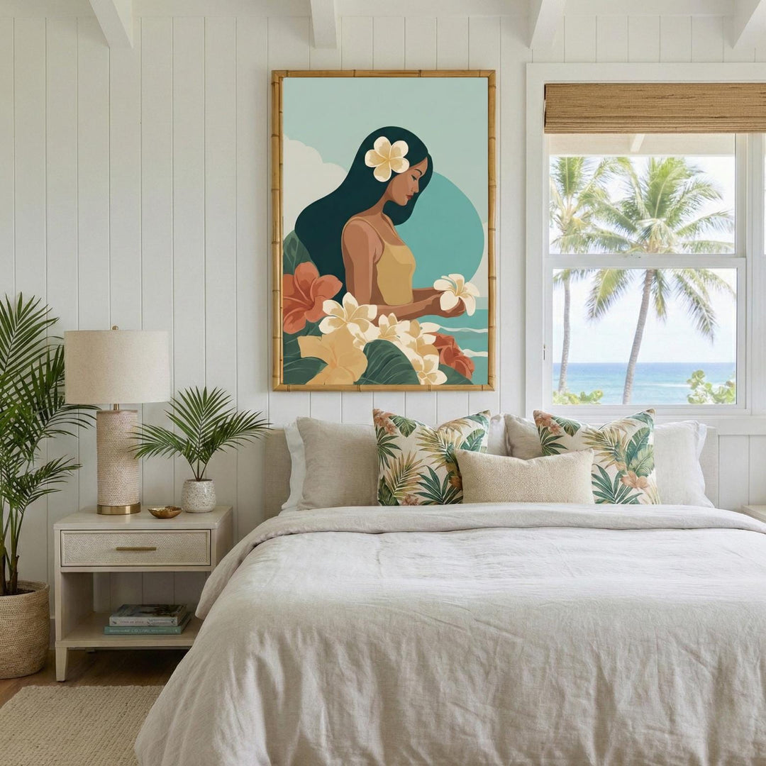 Vintage Hawaiian Coastal Art Print | Tropical Floral Watercolor Poster