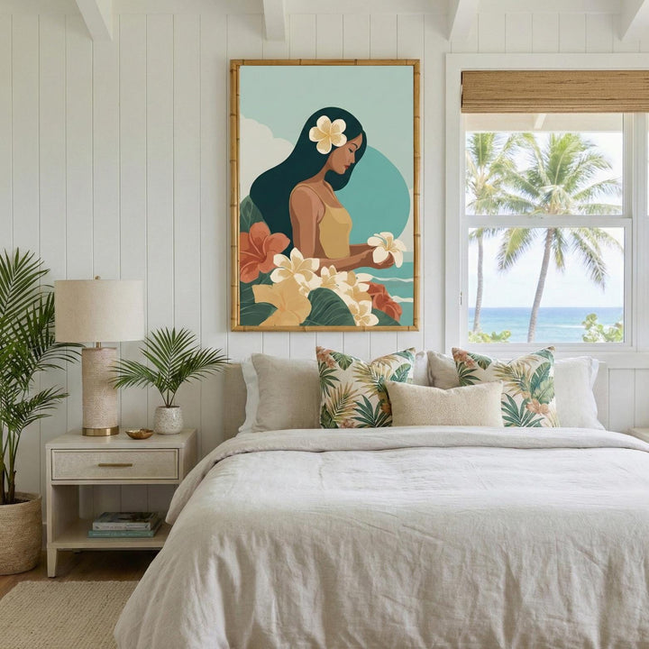 Vintage Hawaiian Coastal Art Print | Tropical Floral Watercolor Poster