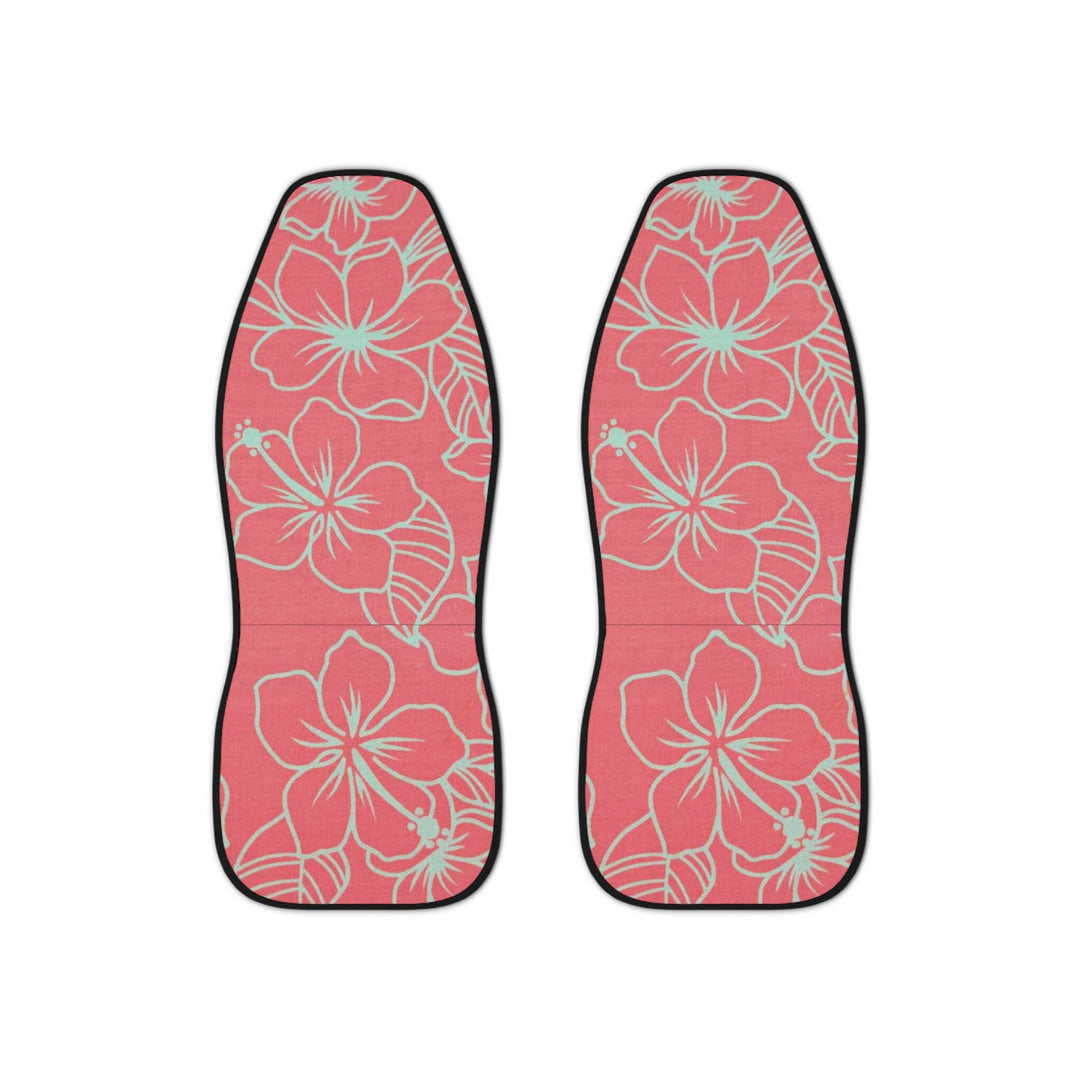 Close-up of vintage hibiscus print on Little Aloha Co Hanauma Bay seat covers