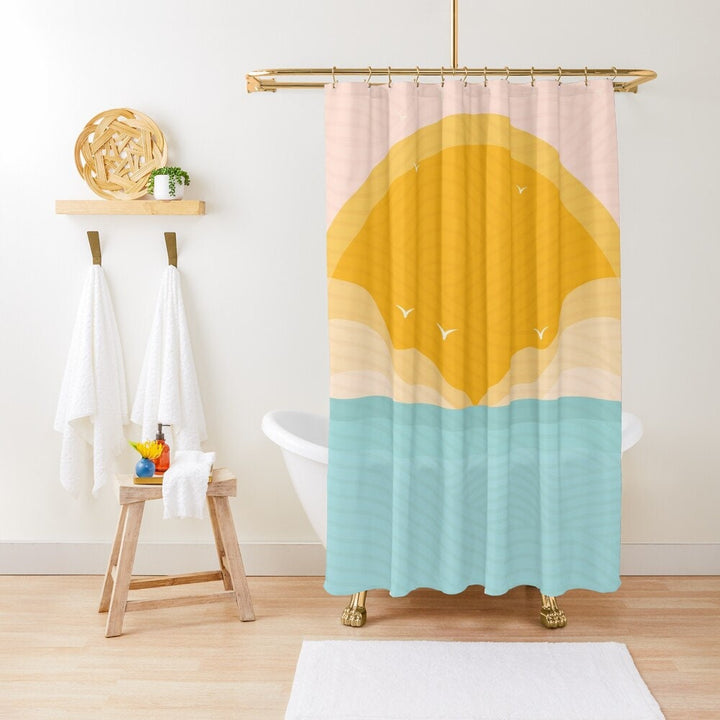 Sunshine Beach Abstract Shower Curtain | Waterproof Sun and Sea Boho Coastal Decor
