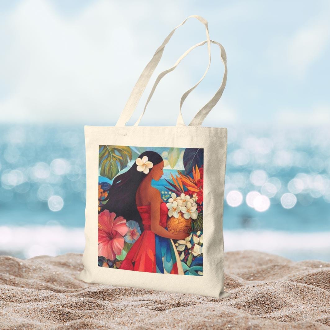 "Island Goddess" 15"x16" Canvas Tote Bag - Heavy-Duty Artistic Print Beach Bag
