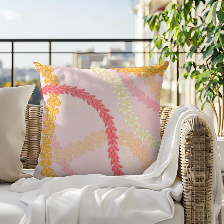 Flower Lei Throw Pillow | Double-Sided Pink Plumeria Floral Cushion