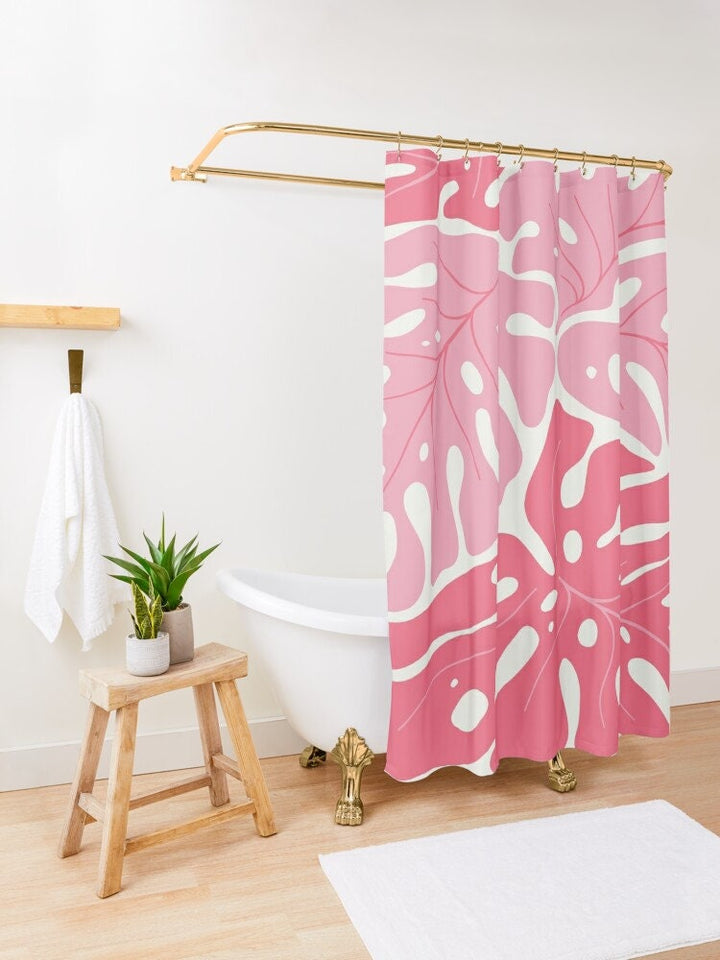 Pink Monstera Shower Curtain 71"x74" | Tropical Botanical & Matisse Inspired Decor
