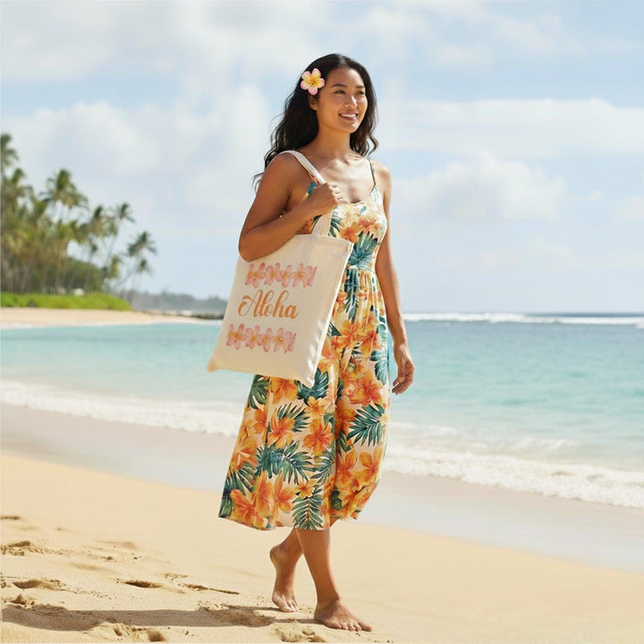 "Aloha" 15"x16" Canvas Beach Tote Bag - Heavy-Duty Cotton Market Bag