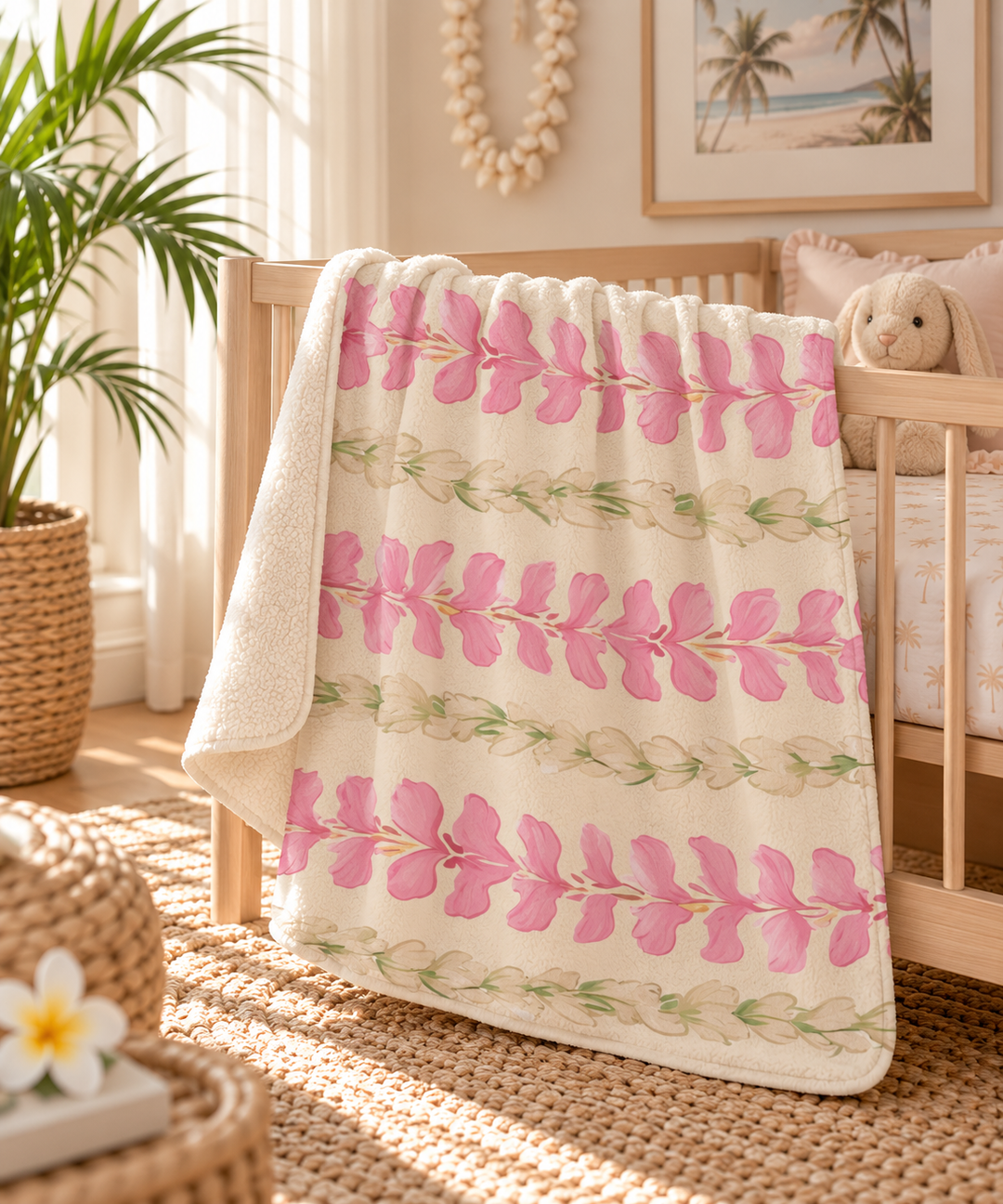 Hawaiian Flower Lei Sherpa Fleece Throw Blanket | Pink Abstract Print