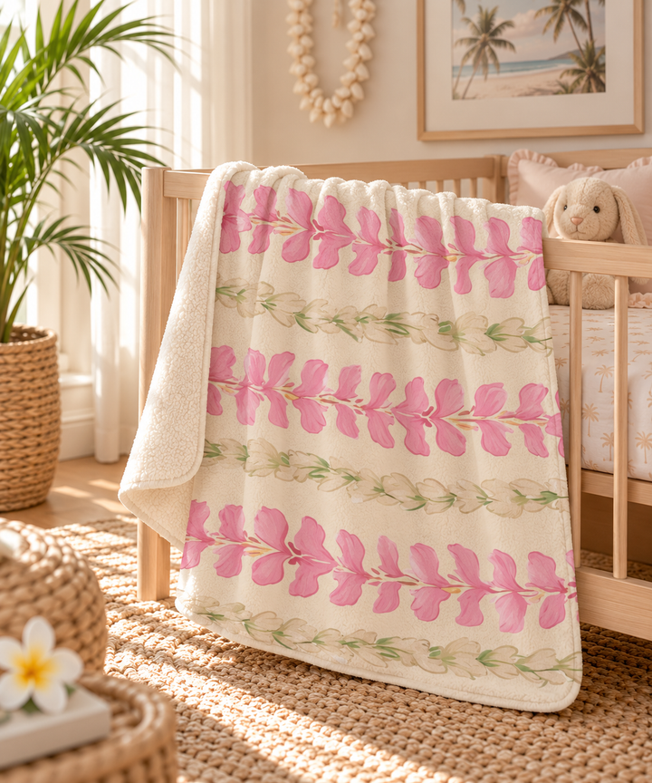 Hawaiian Flower Lei Sherpa Fleece Throw Blanket | Pink Abstract Print