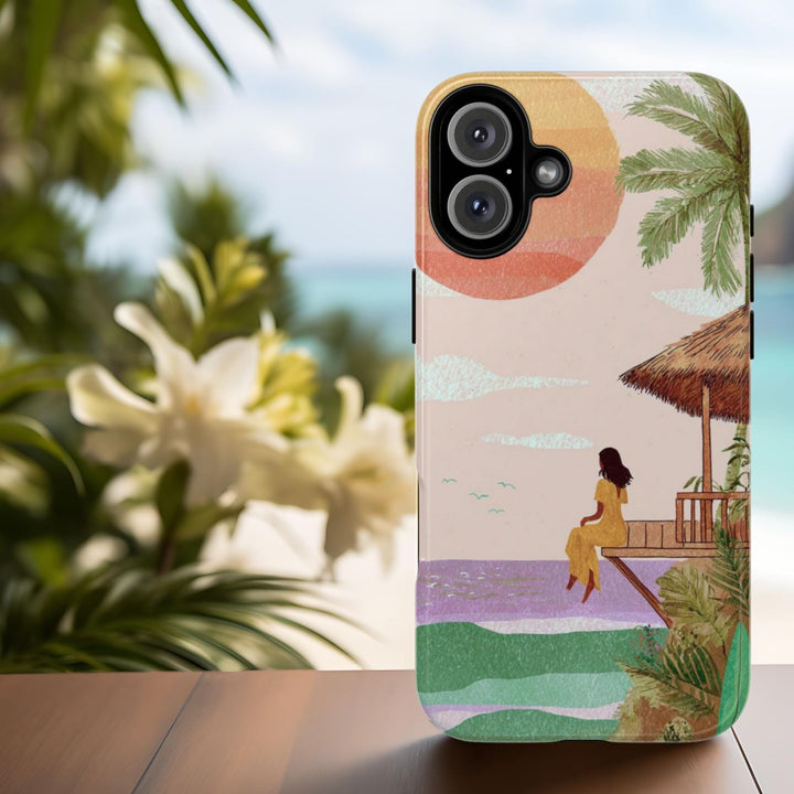 a phone case with a tropical beach scene, including a woman sitting on an island style over water bungalow overlooking the ocean.