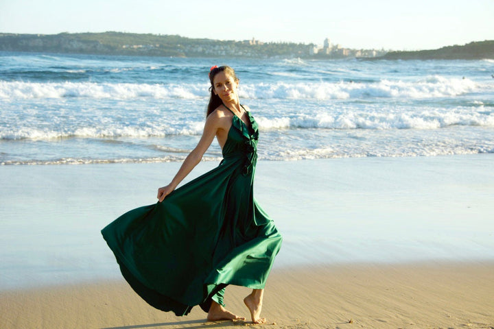 Silk Maxi Dress – Flowy Halter Neck Dress with Adjustable Neck Ties & Ruffles