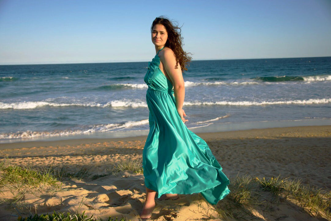 Silk Maxi Dress – Flowy Halter Neck Dress with Adjustable Neck Ties & Ruffles