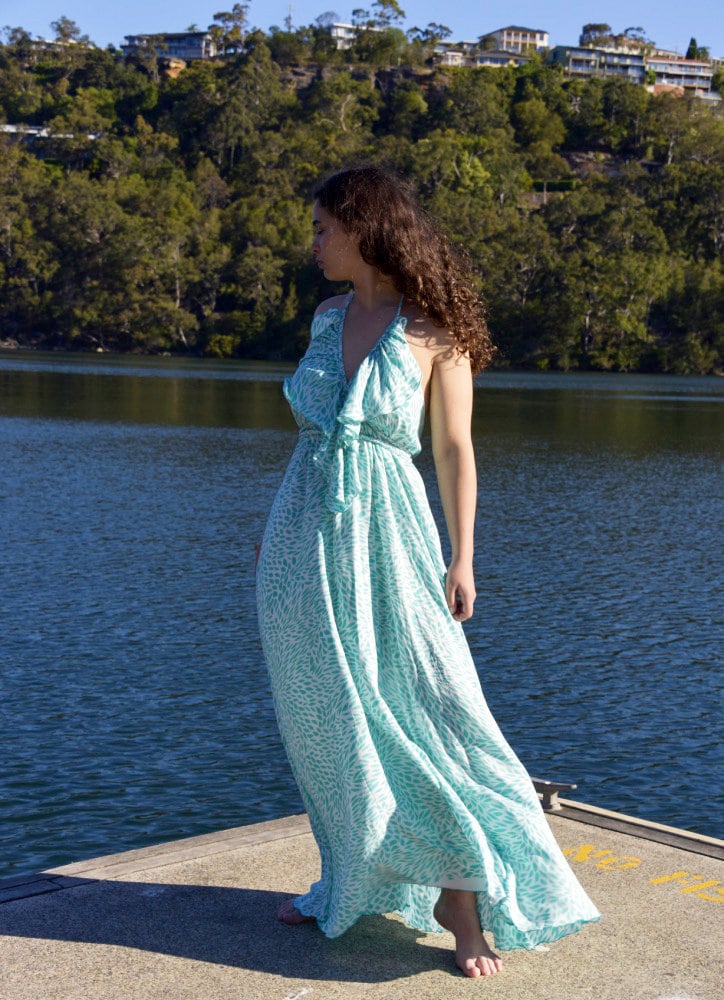 Tiare Flower Maxi Dress - Boho Halter Neck Adjustable Neck Tie Sundress