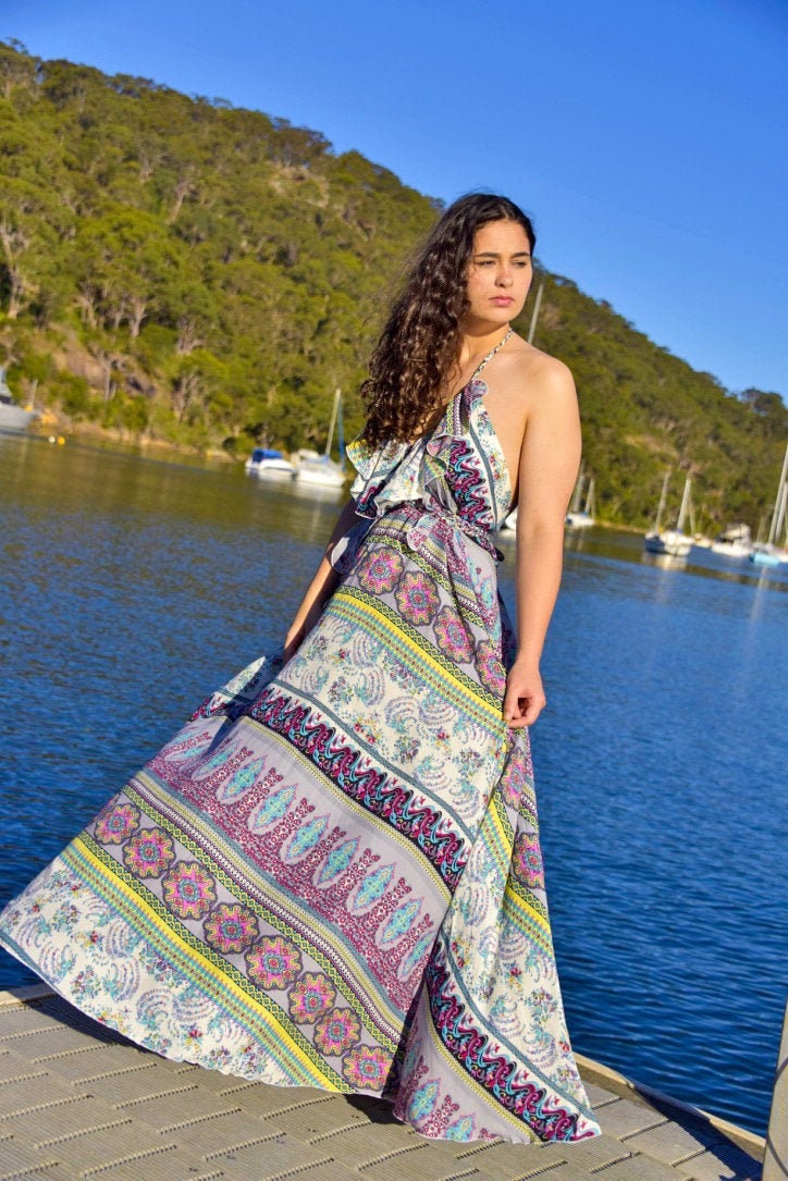 Waikiki Maxi Dress - Boho Backless Sun Dress with Adjustable Neck Ties