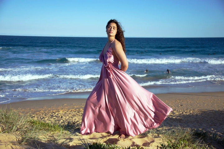 Silk Maxi Dress – Flowy Halter Neck Dress with Adjustable Neck Ties & Ruffles