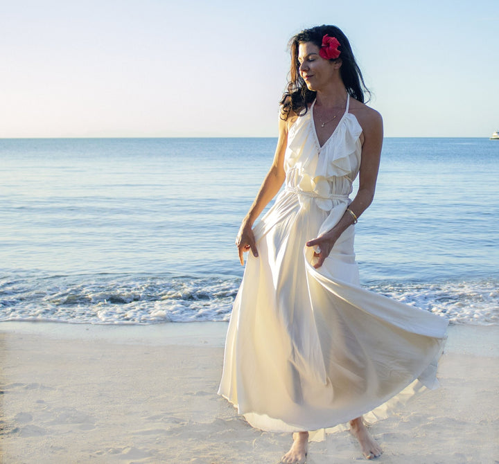 Silk Maxi Dress – Flowy Halter Neck Dress with Adjustable Neck Ties & Ruffles