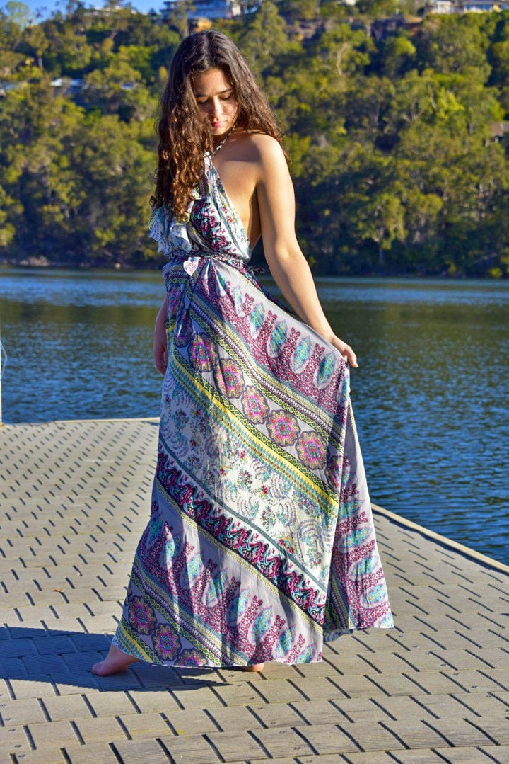Waikiki Maxi Dress - Boho Backless Sun Dress with Adjustable Neck Ties