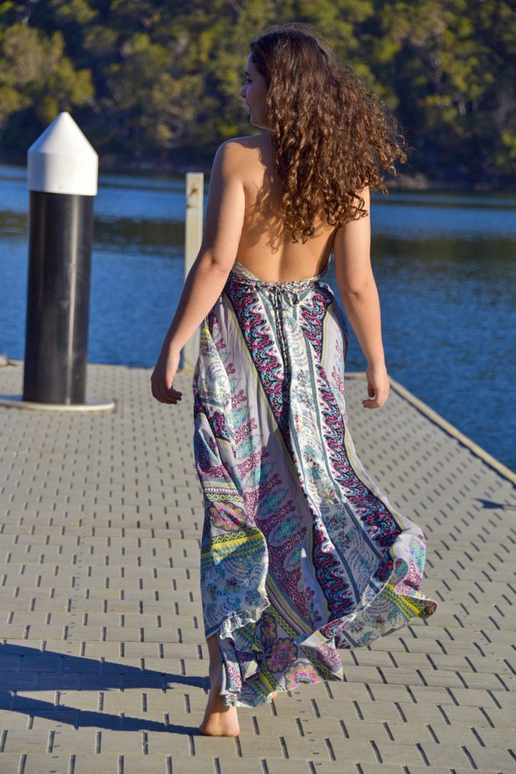 Waikiki Maxi Dress - Boho Backless Sun Dress with Adjustable Neck Ties
